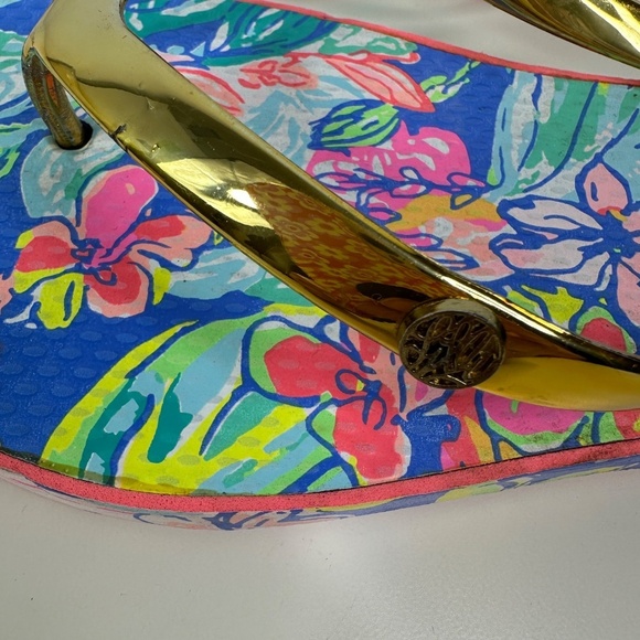Lilly Pulitzer Flip Flops Women 9/10 Gold Straps w/Pink & Blue - Picture 10 of 14